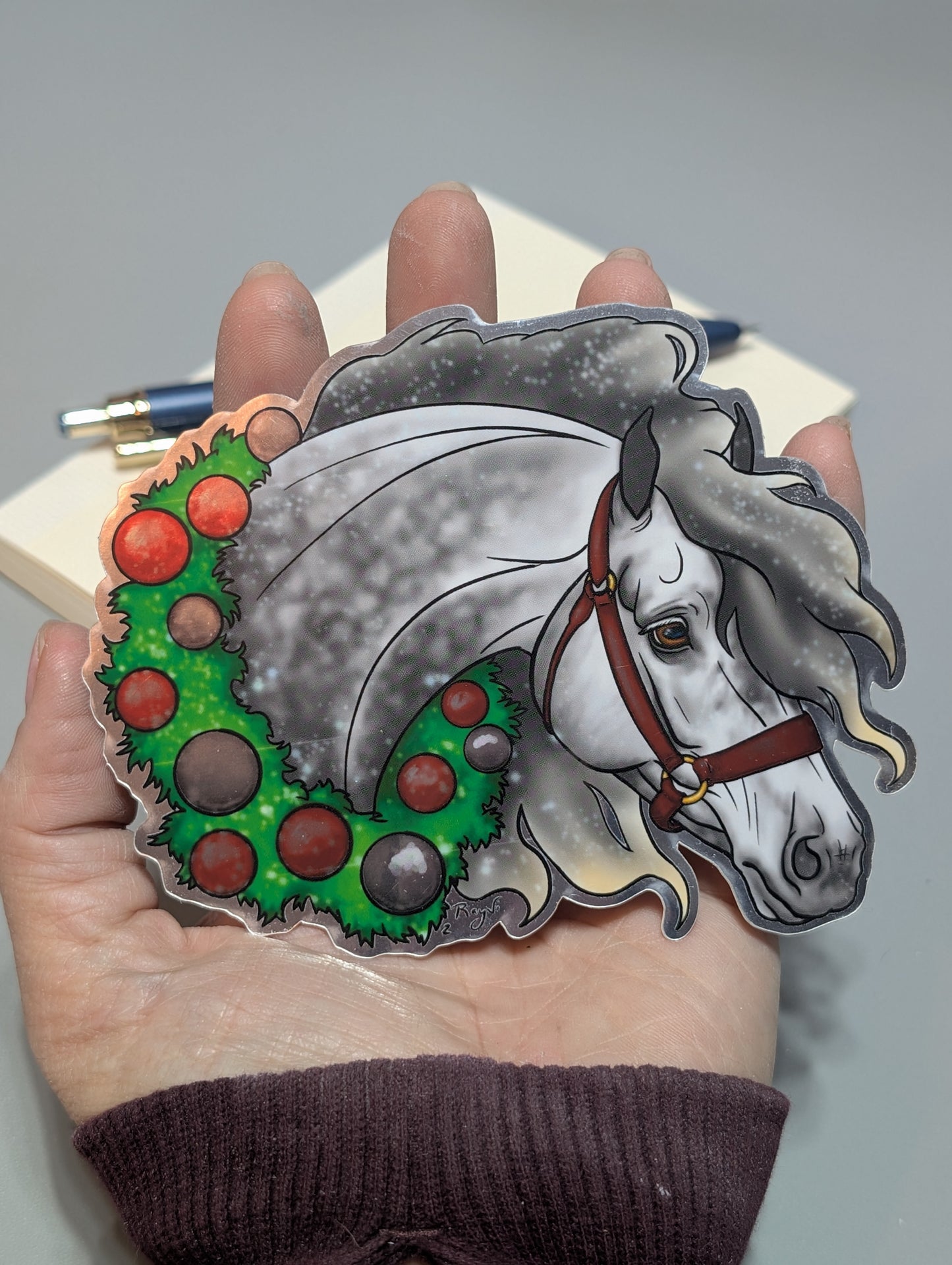 Grey Horse Christmas Wreath Sticker