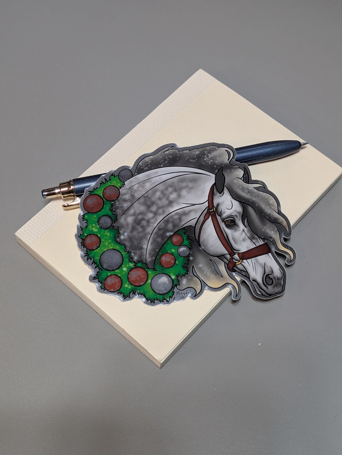 Grey Horse Christmas Wreath Sticker